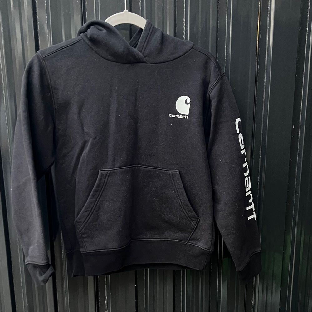 Carhartt Boys Black Long Sleeve Pull Over Hoodie with Logo and Pockets M 10 - 12